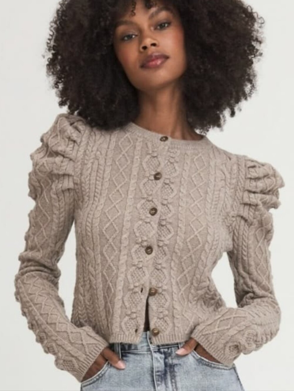 Something Navy Charlie Puff Sleeve Cable Knit Cardigan Sweater Camel Tan Sz XS
